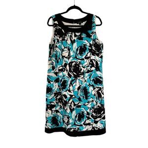 Tahari Dress Womens 14W Black & Blue Floral Sleeveless Zip Up Cotton Bow Sheath